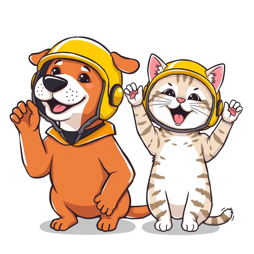 a dog and cat wearing yellow helmets with raised hands by मुफ्त एआई छवि जनरेटर - बिना लॉगिन के✨ | AIGAZOU