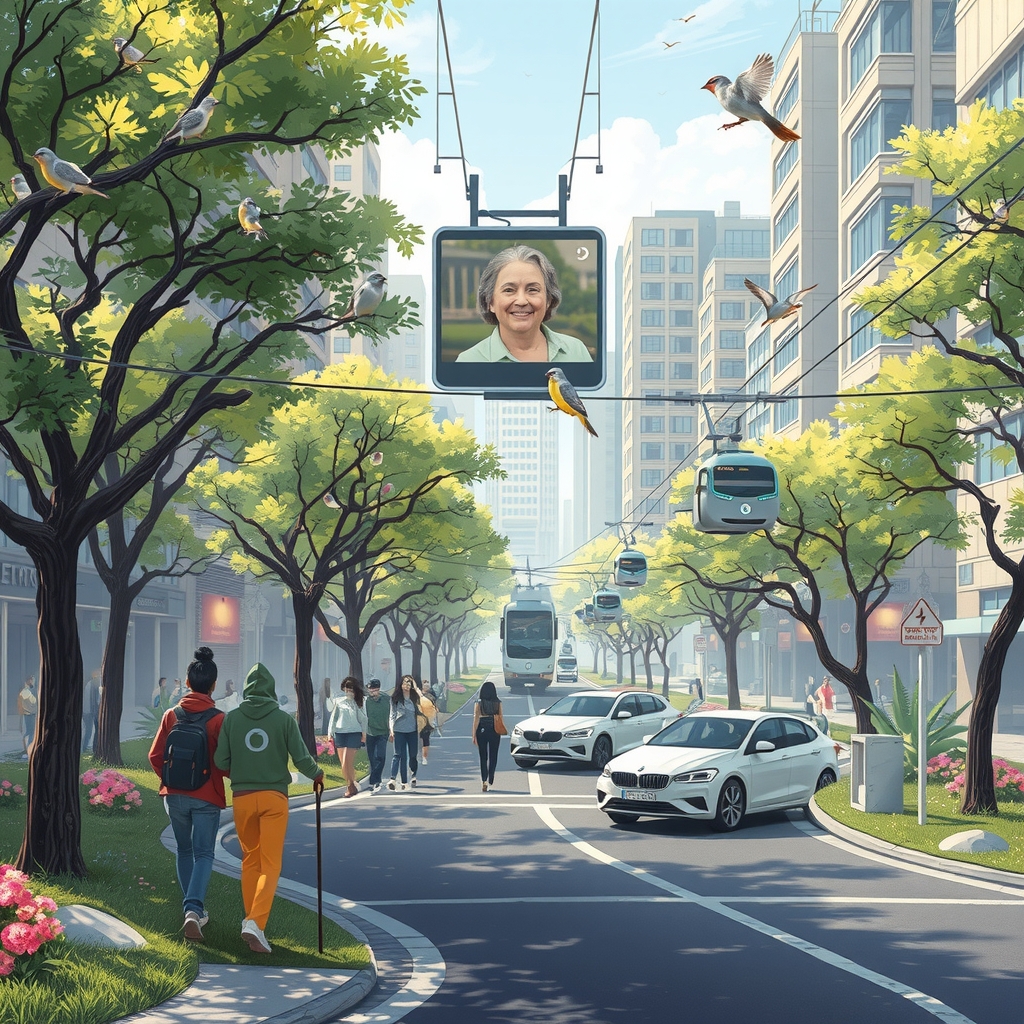 advanced city people walking trees flowers birds floating screen news tech preserved deceased relative robot walk environment tech cars flying by मुफ्त एआई छवि जनरेटर - बिना लॉगिन के✨ | AIGAZOU