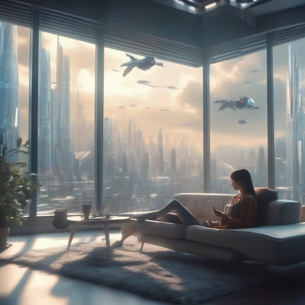 futuristic interior large living room woman reading ebook by window skyscrapers flying vehicles sci fi anime style 4k by मुफ्त एआई छवि जनरेटर - बिना लॉगिन के✨ | AIGAZOU