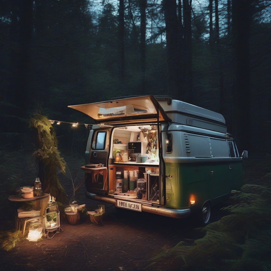 petit espace scientifique improvise au fond d un vieux camping car boheme vintage dans une foret la nuit by मुफ्त एआई छवि जनरेटर - बिना लॉगिन के✨ | AIGAZOU