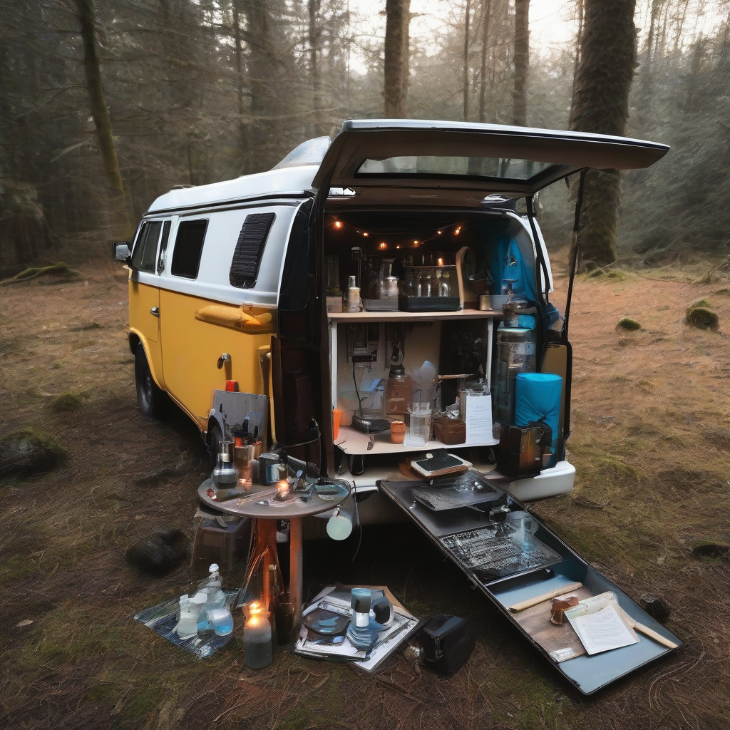 petit espace scientifique improvise au fond d un vieux camping car boheme vintage dans une foret la nuit by मुफ्त एआई छवि जनरेटर - बिना लॉगिन के✨ | AIGAZOU