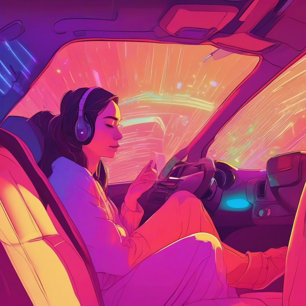 woman in car listening to music with ambient lights by मुफ्त एआई छवि जनरेटर - बिना लॉगिन के✨ | AIGAZOU