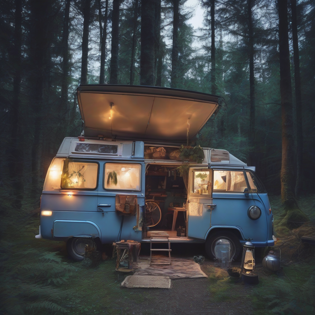 petit espace scientifique improvise au fond d un vieux camping car boheme vintage dans une foret la nuit by मुफ्त एआई छवि जनरेटर - बिना लॉगिन के✨ | AIGAZOU