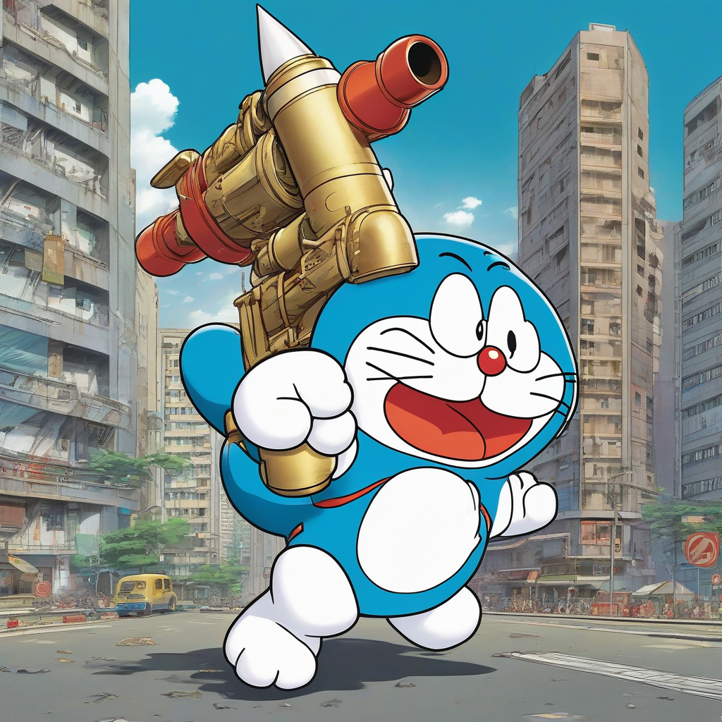 doraemon shooting rocket launchers in town by मुफ्त एआई छवि जनरेटर - बिना लॉगिन के✨ | AIGAZOU