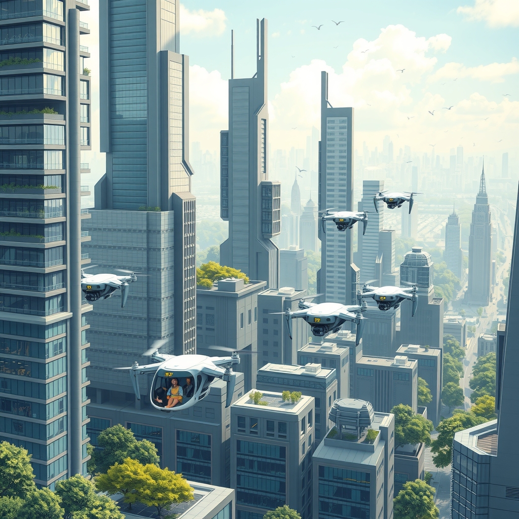 modern skyscrapers future city green plants drones as transport by मुफ्त एआई छवि जनरेटर - बिना लॉगिन के✨ | AIGAZOU