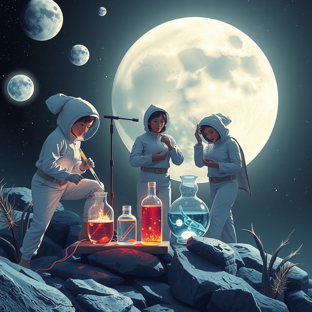 beautiful biologists conduct experiments on moon by मुफ्त एआई छवि जनरेटर - बिना लॉगिन के✨ | AIGAZOU