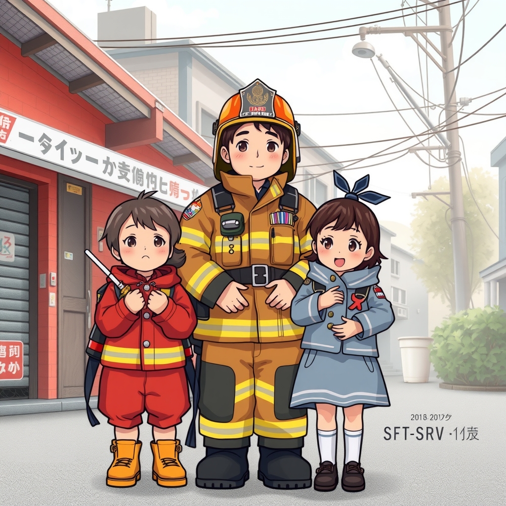 japanese firefighter and three children by मुफ्त एआई छवि जनरेटर - बिना लॉगिन के✨ | AIGAZOU