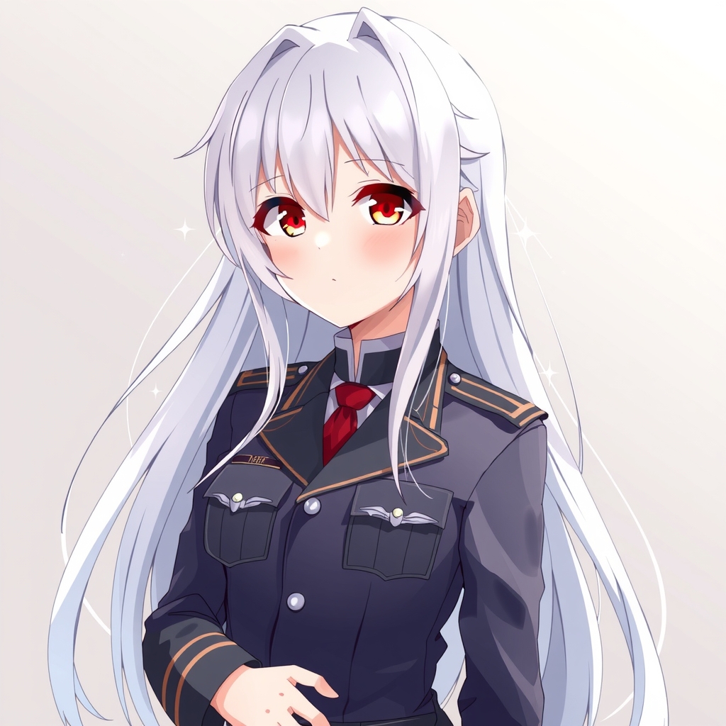 anime style white haired girl red eyes clear military uniform 20s standing picture japanese long hair uterus by मुफ्त एआई छवि जनरेटर - बिना लॉगिन के✨ | AIGAZOU