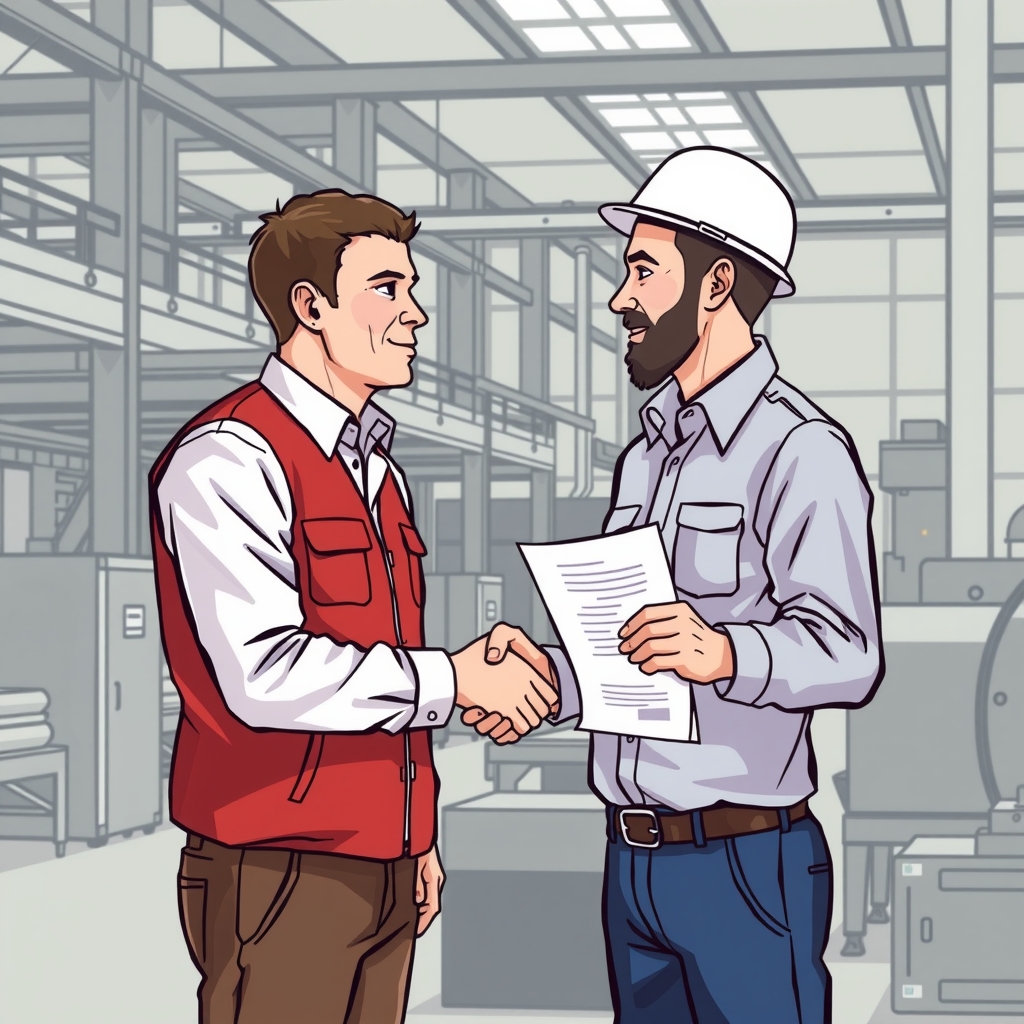 factory manager business meeting illustration prototype machine right hand shake left hand documents small machine unveiling by मुफ्त एआई छवि जनरेटर - बिना लॉगिन के✨ | AIGAZOU