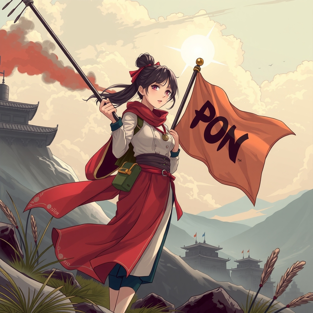 a beautiful asian woman holding a flag on the battlefield by Générateur d'images par IA gratuit - Aucune connexion nécessaire✨ | AIGAZOU