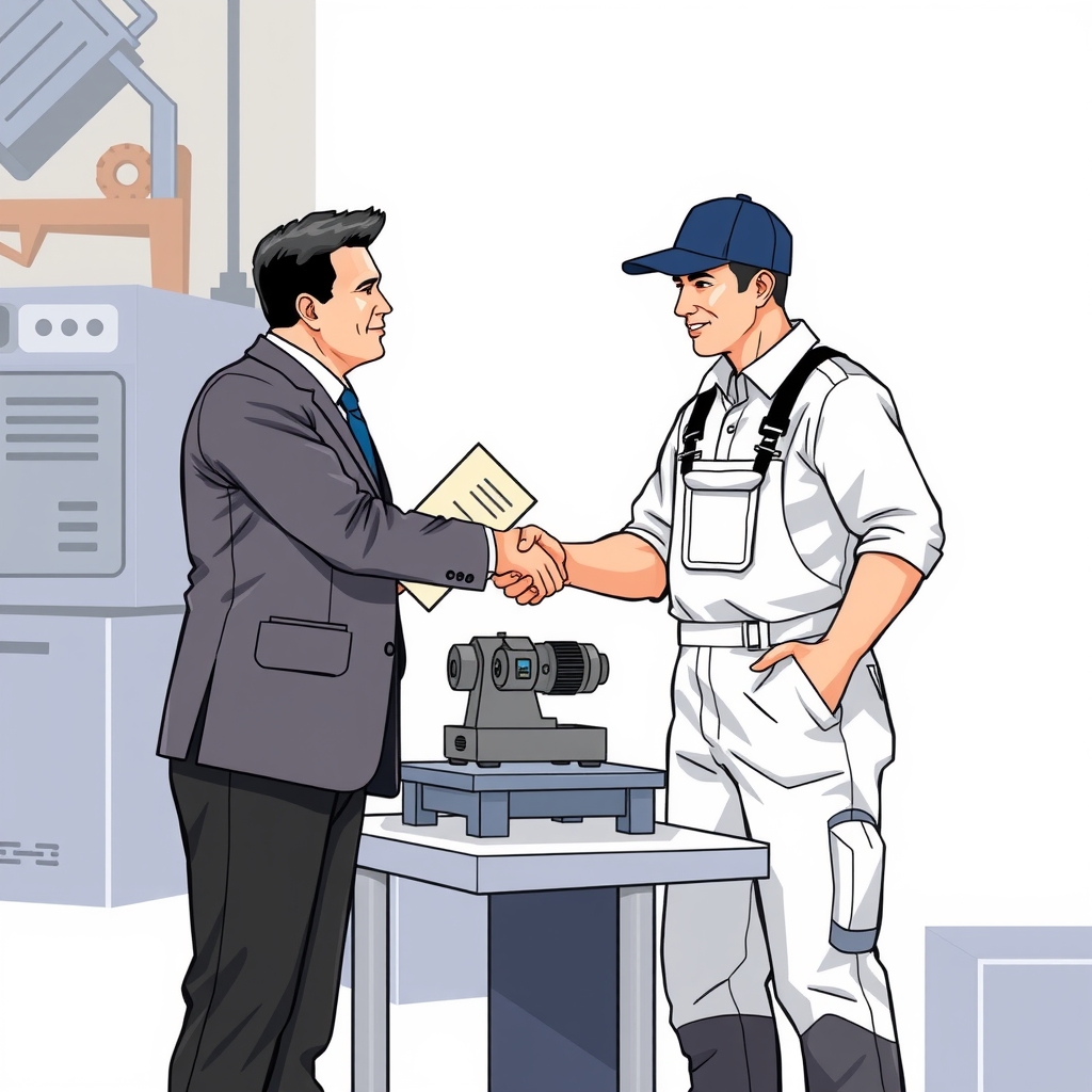 mechanical manufacturer work clothes white pants black hat navy business suit illustration small machine table right hand shake left hand by 免费AI图像生成工具 | AIGAZOU