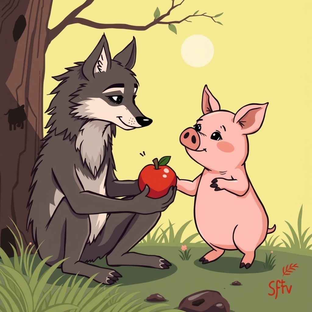 wolf gives apple to pig in drawing by मुफ्त एआई छवि जनरेटर - बिना लॉगिन के✨ | AIGAZOU