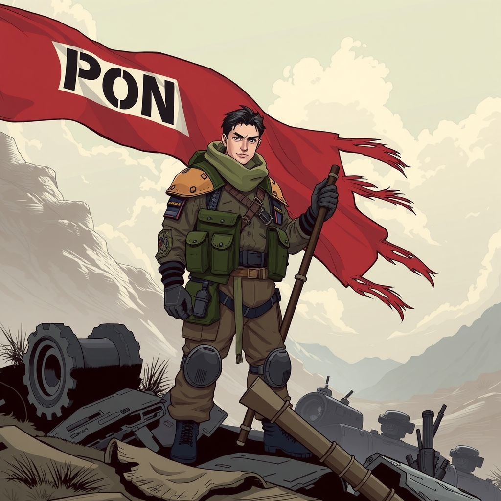 a cool man with a flag standing on the battlefield by Générateur d'images par IA gratuit - Aucune connexion nécessaire✨ | AIGAZOU