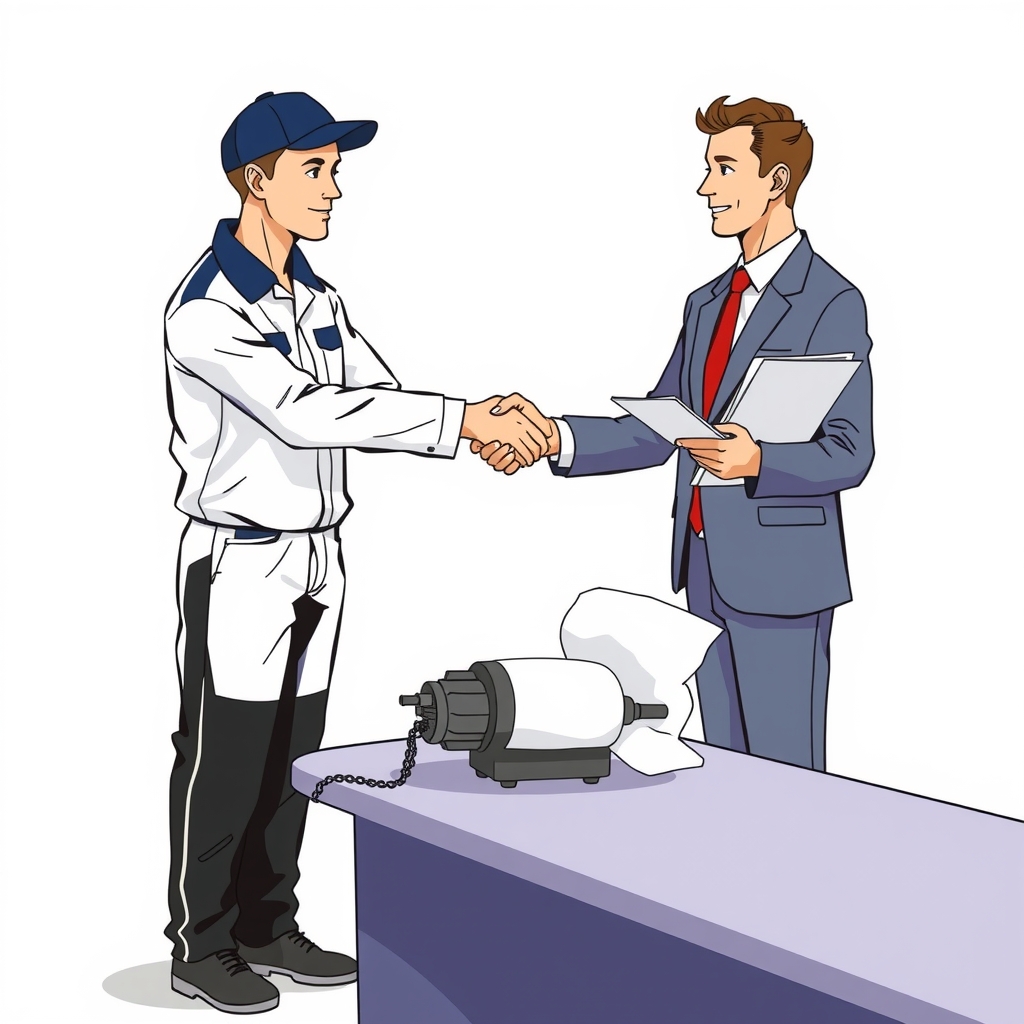 mechanical manufacturer work clothes white pants black hat navy suit illustration small machine on table right hand shaking left hand by Générateur d'images par IA gratuit - Aucune connexion nécessaire✨ | AIGAZOU