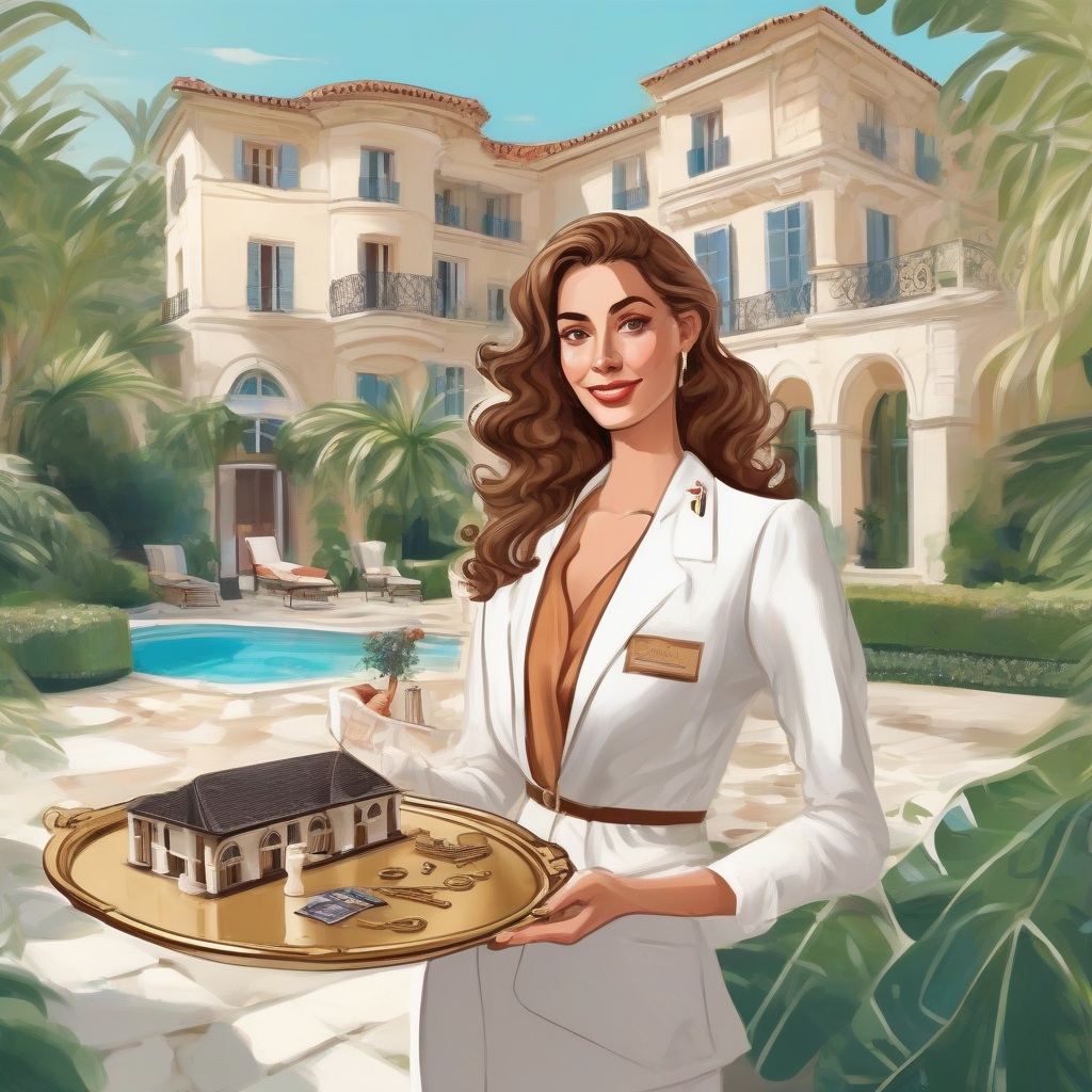 elegant modern concierge with curly brown hair holding a tray with keys behind her a magnificent villa with pool and by मुफ्त एआई छवि जनरेटर - बिना लॉगिन के✨ | AIGAZOU