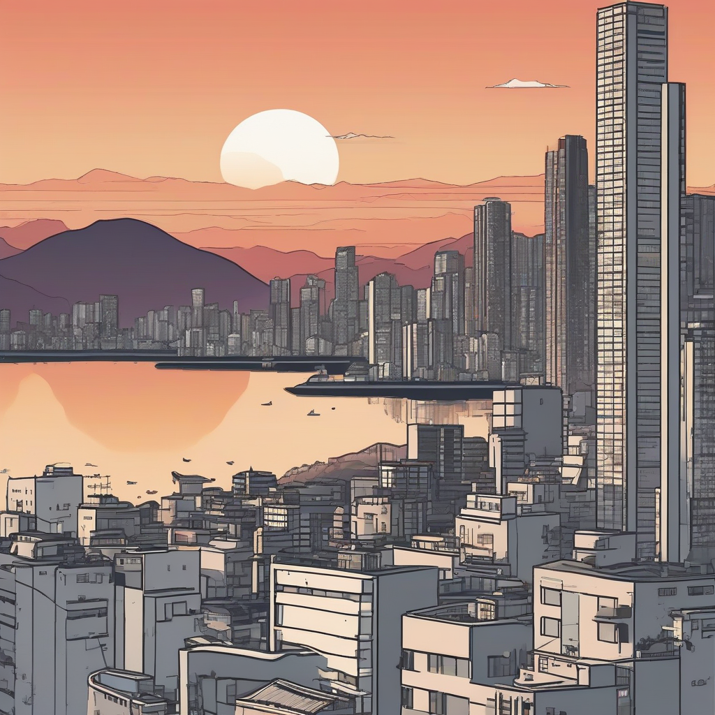 buchcover skyline busan minimalist comic sunset sea by मुफ्त एआई छवि जनरेटर - बिना लॉगिन के✨ | AIGAZOU