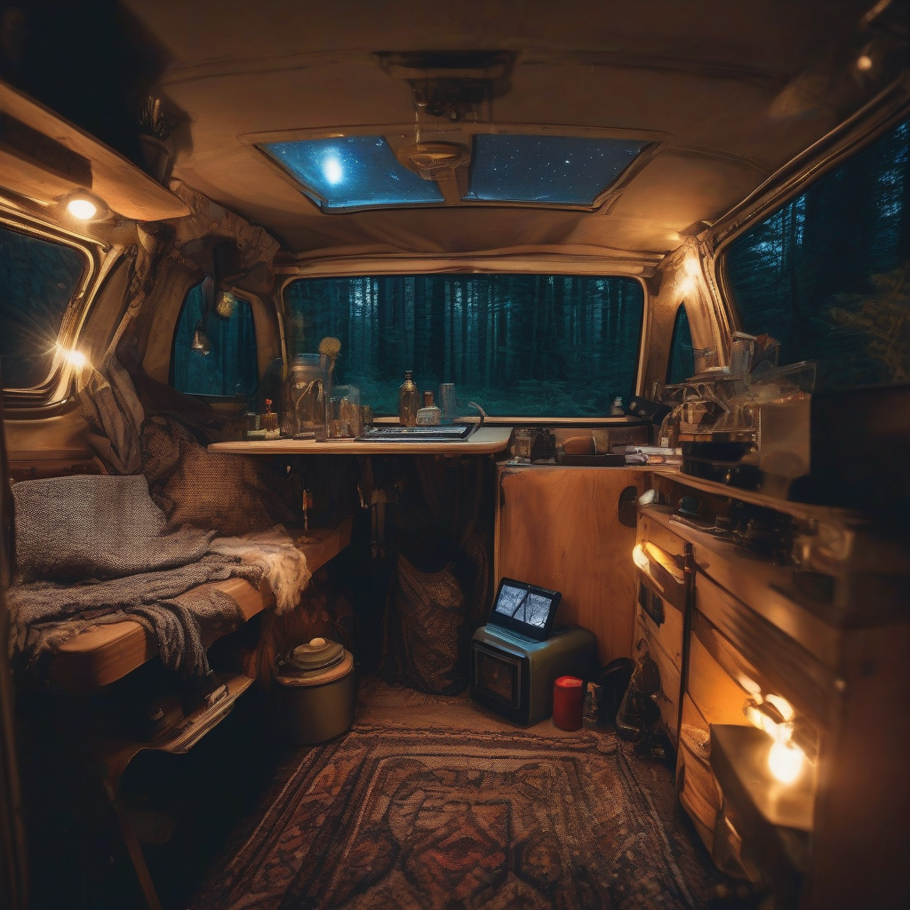 petit espace scientifique improvise au fond d un vieux camping car boheme vintage dans une foret la nuit by मुफ्त एआई छवि जनरेटर - बिना लॉगिन के✨ | AIGAZOU