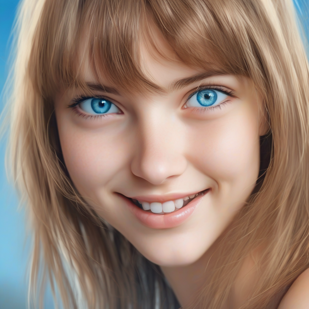 happy expression sky blue eyes beautiful radiant face childlike appearance pretty teenage woman long bangs large breasts decorative translucent open by मुफ्त एआई छवि जनरेटर - बिना लॉगिन के✨ | AIGAZOU