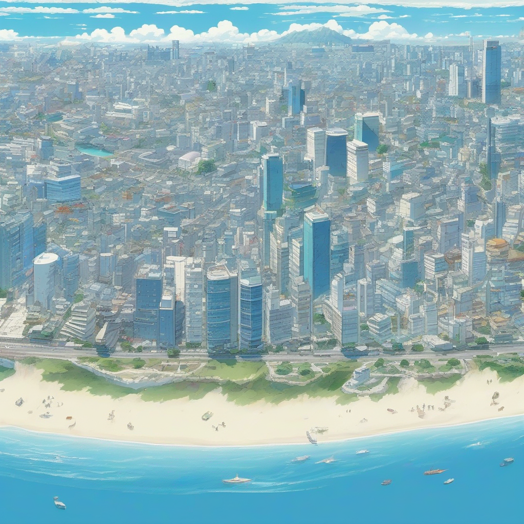 city miyazaki style blue sky clear sea high tech skyscrapers by मुफ्त एआई छवि जनरेटर - बिना लॉगिन के✨ | AIGAZOU