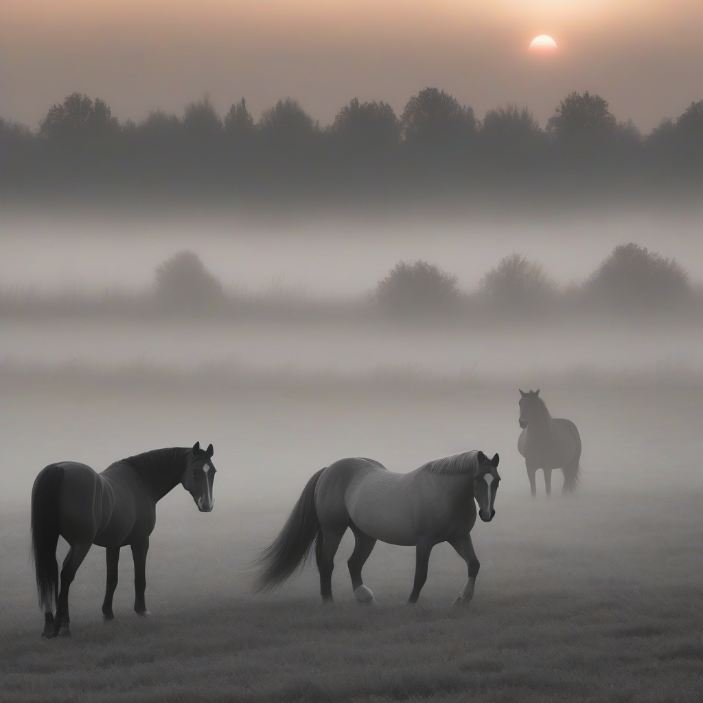 horses on pasture in thick fog deep sunset in grays by Générateur d'images par IA gratuit - Aucune connexion nécessaire✨ | AIGAZOU