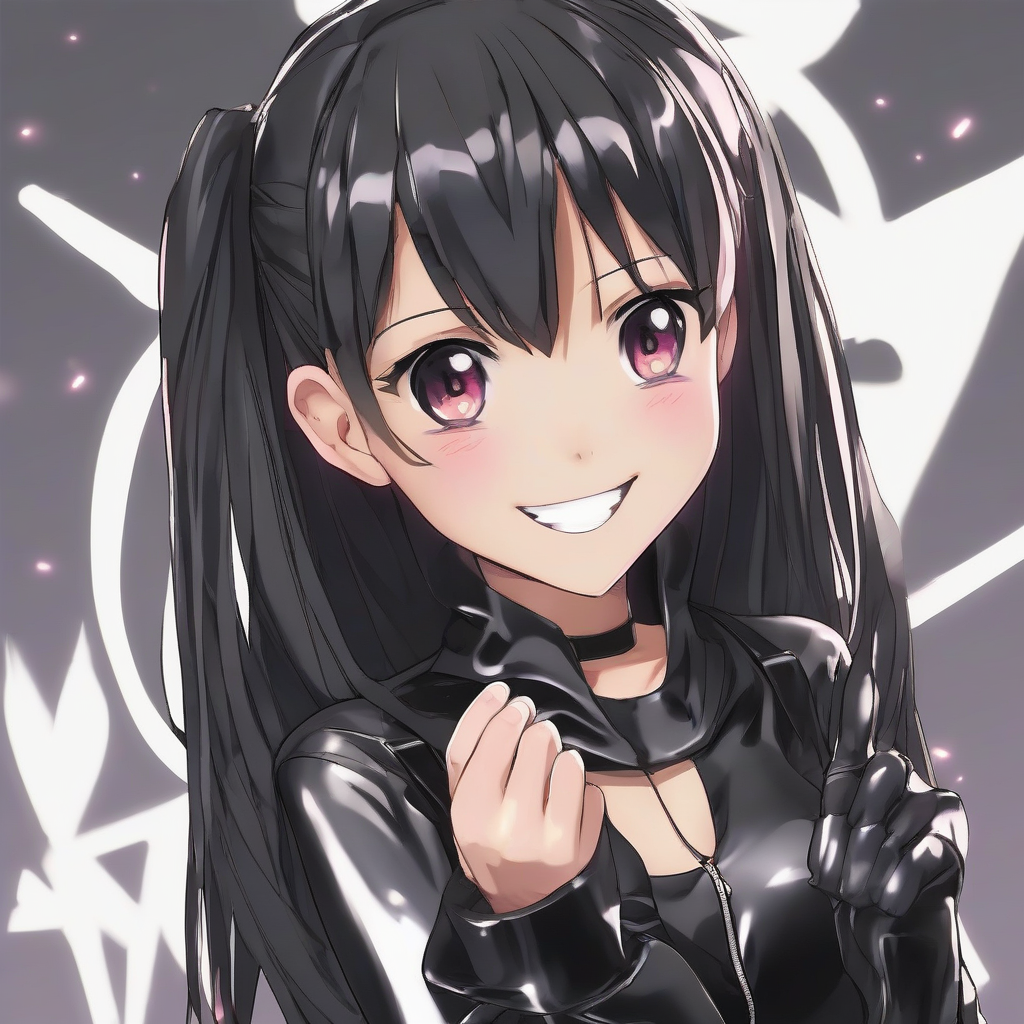 anime style smiling 18 year old girl in tight black outfit with peace sign against black background by मुफ्त एआई छवि जनरेटर - बिना लॉगिन के✨ | AIGAZOU