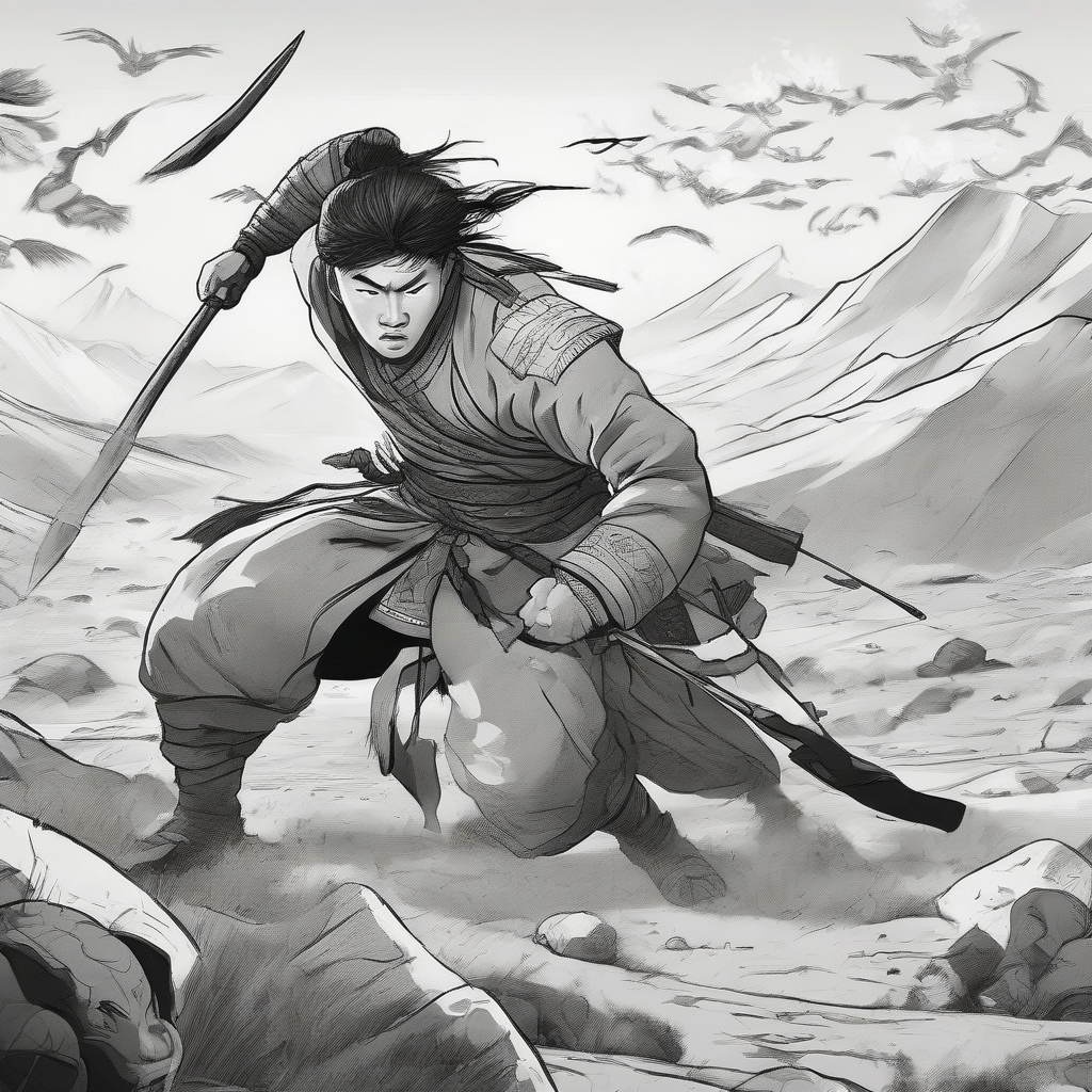 young mongolian fighting enemies in black and white animation by मुफ्त एआई छवि जनरेटर - बिना लॉगिन के✨ | AIGAZOU