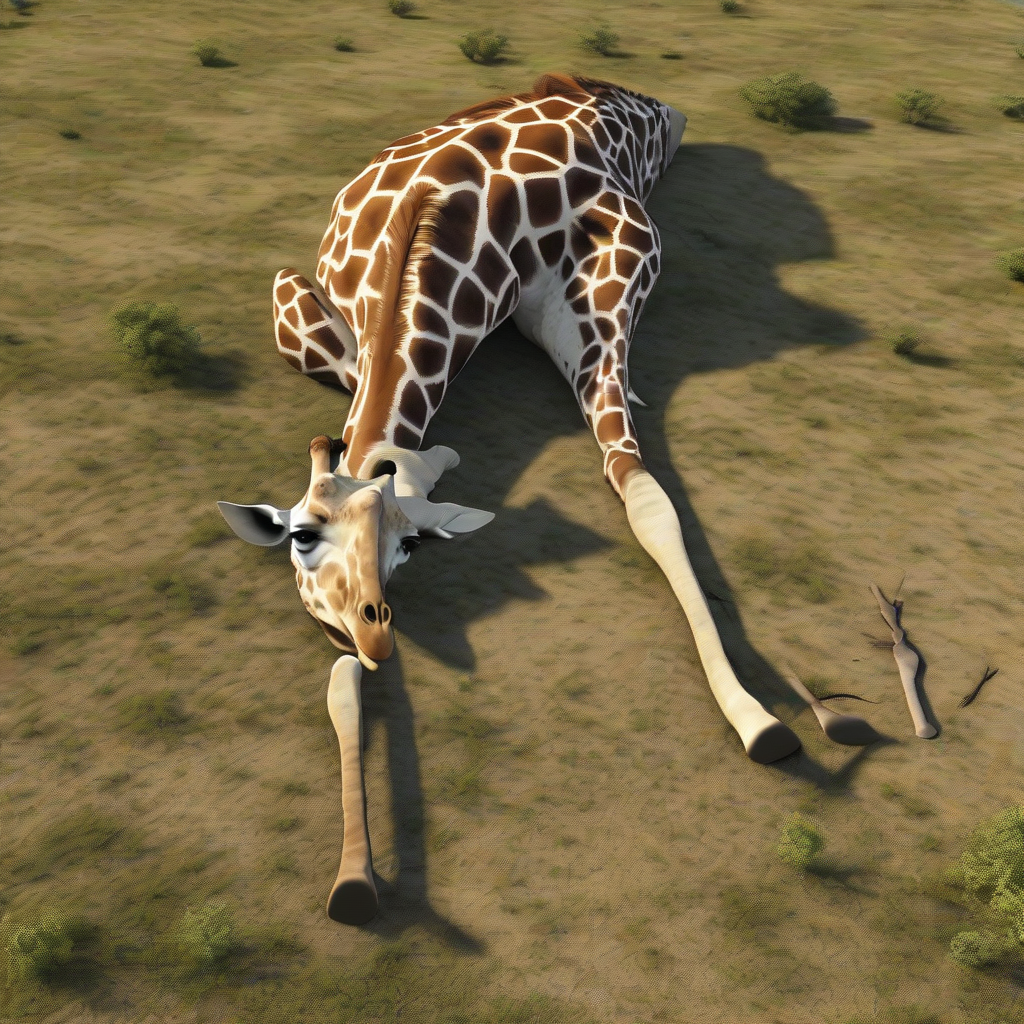 a dead giraffe lying on the ground in the savannah bird s eye view realistic by मुफ्त एआई छवि जनरेटर - बिना लॉगिन के✨ | AIGAZOU