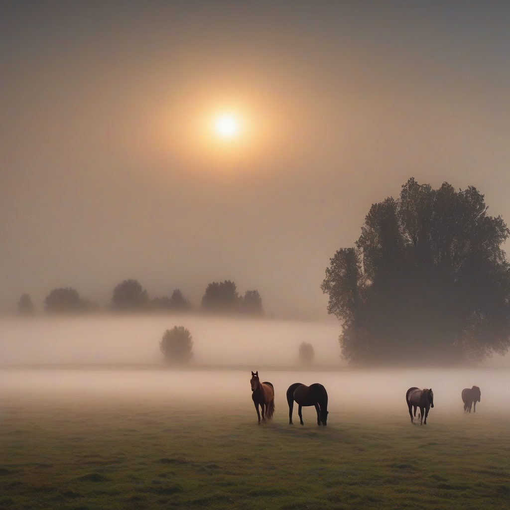 horses on pasture lots of fog sunset by मुफ्त एआई छवि जनरेटर - बिना लॉगिन के✨ | AIGAZOU