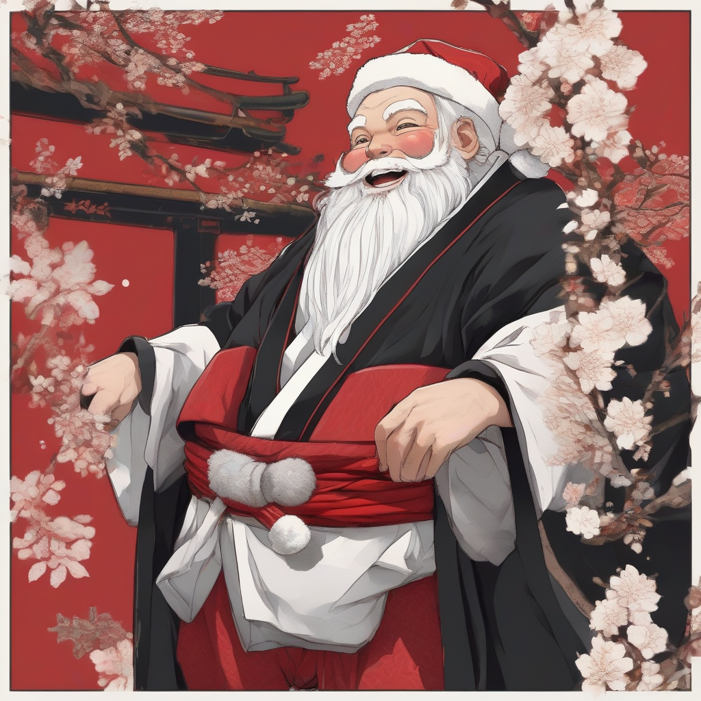 a smiling santa claus with white beard dressed in black hakama and red kimono by मुफ्त एआई छवि जनरेटर - बिना लॉगिन के✨ | AIGAZOU