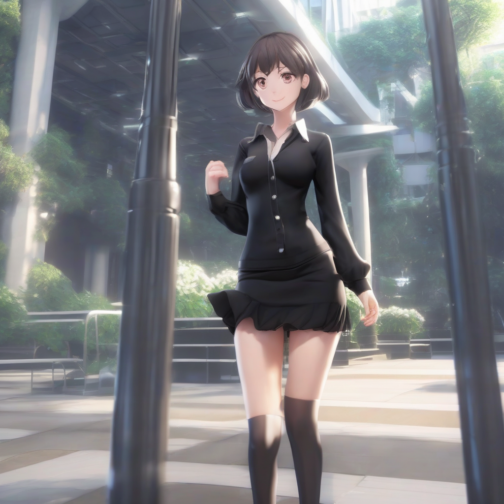 8k 3dcg good button icon black glossy tight open collared shirt miniskirt anime style 18 year old smiling seductive smile by मुफ्त एआई छवि जनरेटर - बिना लॉगिन के✨ | AIGAZOU