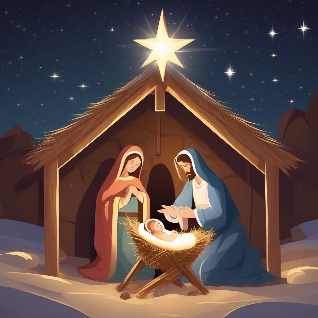 a nativity scene with one baby jesus in a manger surrounded by mary and joseph under a bright star warm by मुफ्त एआई छवि जनरेटर - बिना लॉगिन के✨ | AIGAZOU