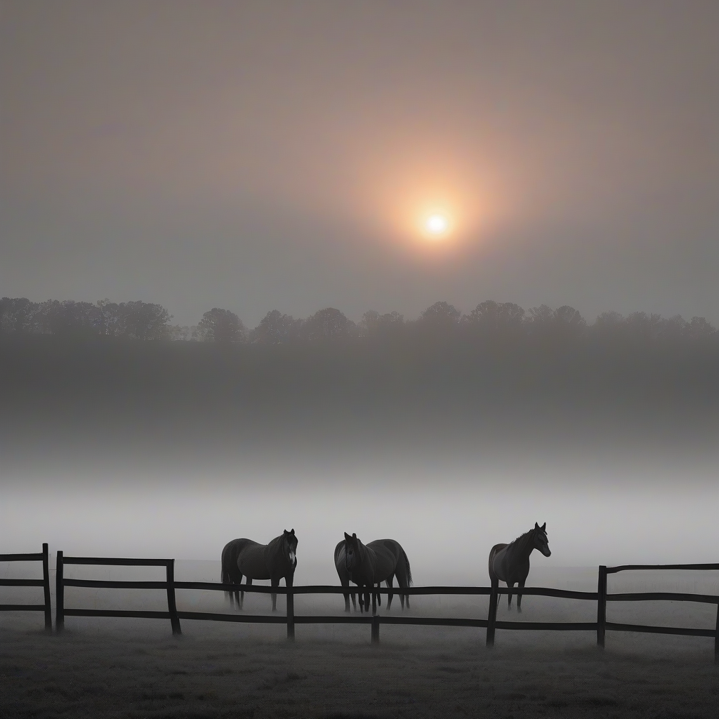 horses fence dense fog deep sunset gray tones by मुफ्त एआई छवि जनरेटर - बिना लॉगिन के✨ | AIGAZOU