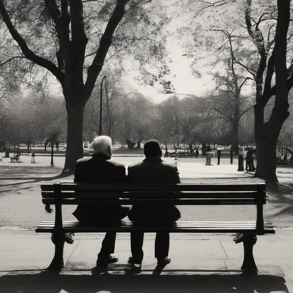 two men talking on a bench in the park by मुफ्त एआई छवि जनरेटर - बिना लॉगिन के✨ | AIGAZOU