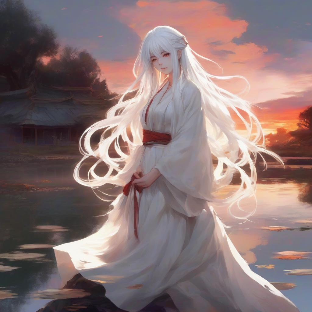 white hair long hair spiritual sunset small pond by मुफ्त एआई छवि जनरेटर - बिना लॉगिन के✨ | AIGAZOU