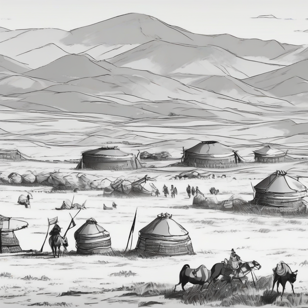 four ger tents and few people in mongolia black and white animation by मुफ्त एआई छवि जनरेटर - बिना लॉगिन के✨ | AIGAZOU