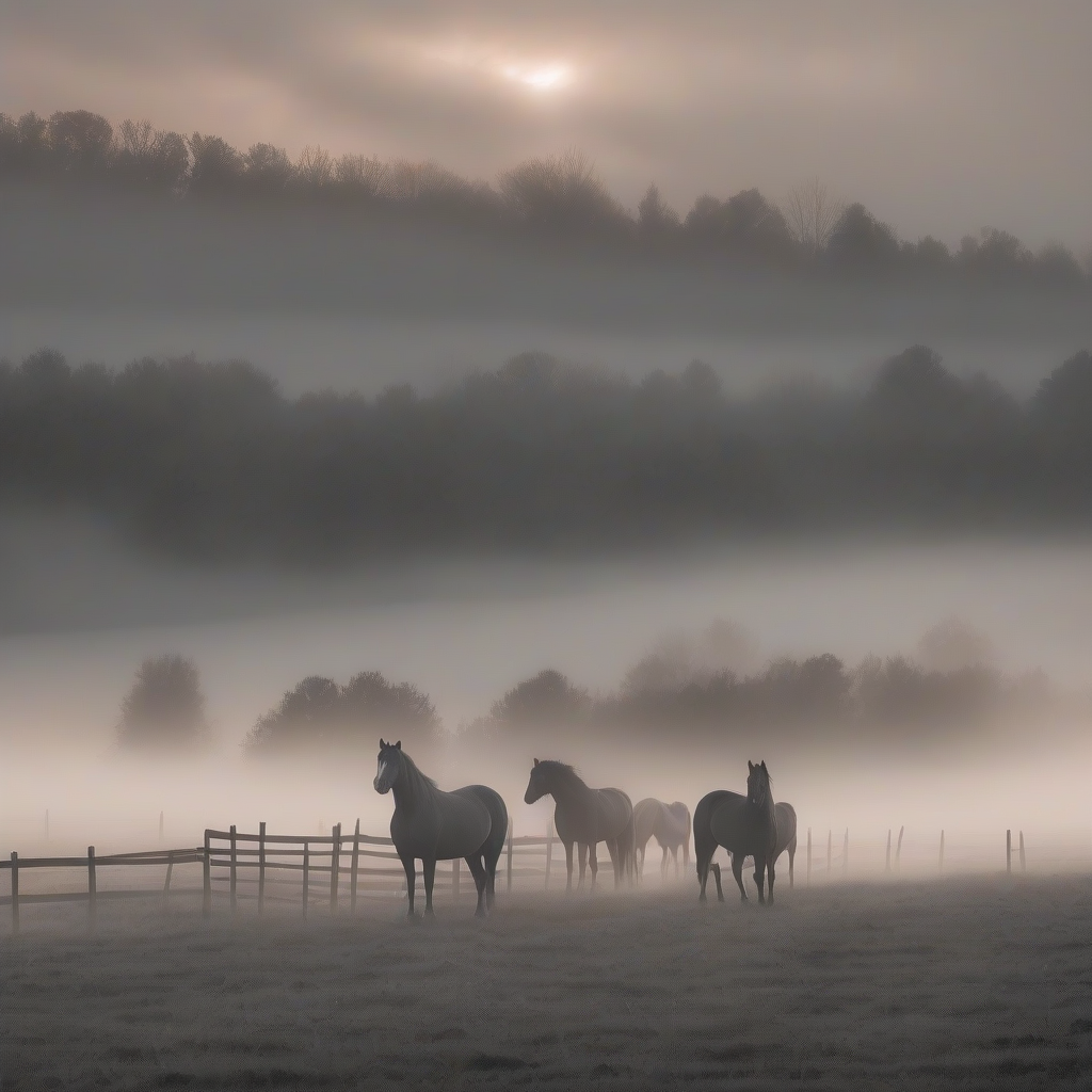 horses in fog background fence dense fog deep sunset gray tones by मुफ्त एआई छवि जनरेटर - बिना लॉगिन के✨ | AIGAZOU