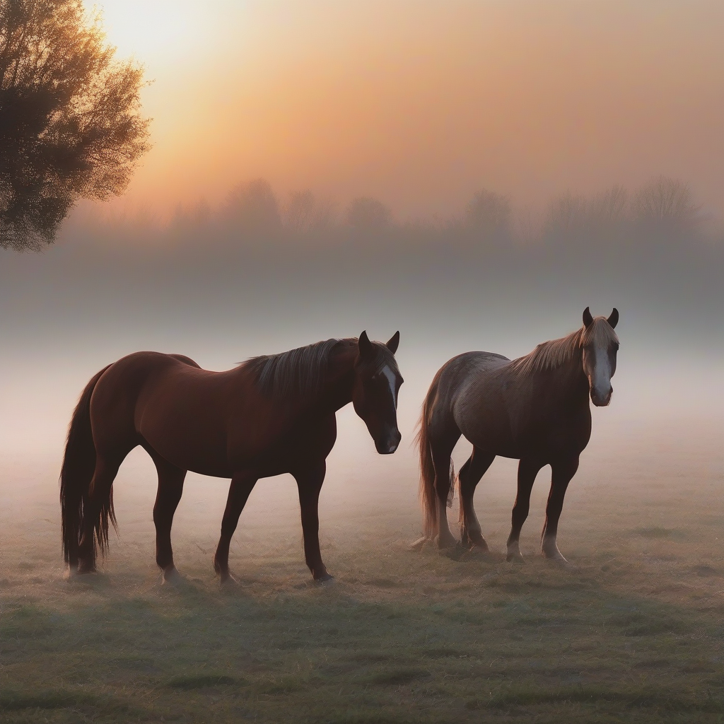 horses on pasture fog sunset by मुफ्त एआई छवि जनरेटर - बिना लॉगिन के✨ | AIGAZOU