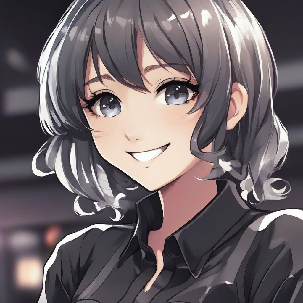 good button icon black glossy tight outfit anime style 18 year old smiling seductive smile background black by मुफ्त एआई छवि जनरेटर - बिना लॉगिन के✨ | AIGAZOU