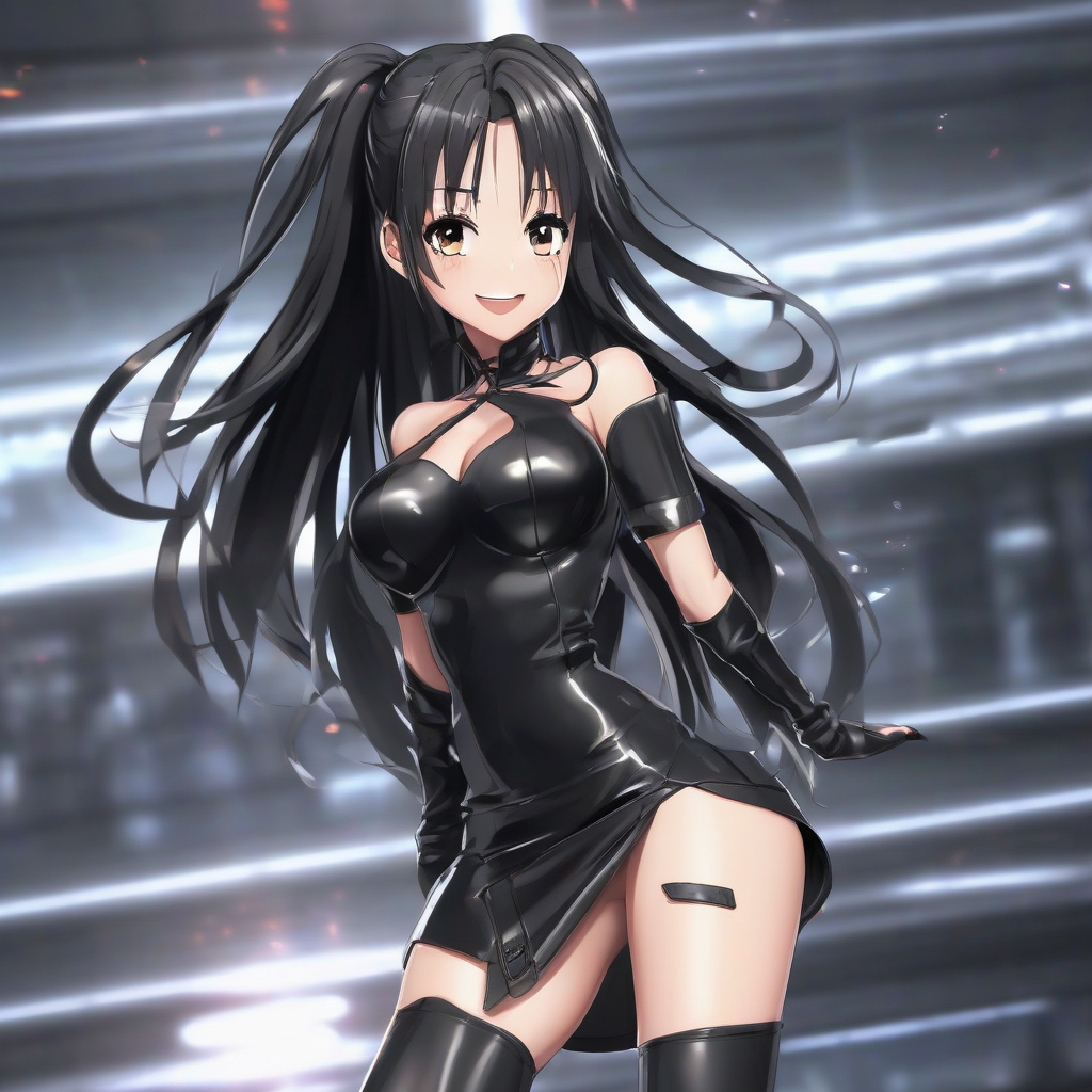 anime style girl with long black hair in a black shiny open collar outfit and super miniskirt wearing black boots by मुफ्त एआई छवि जनरेटर - बिना लॉगिन के✨ | AIGAZOU