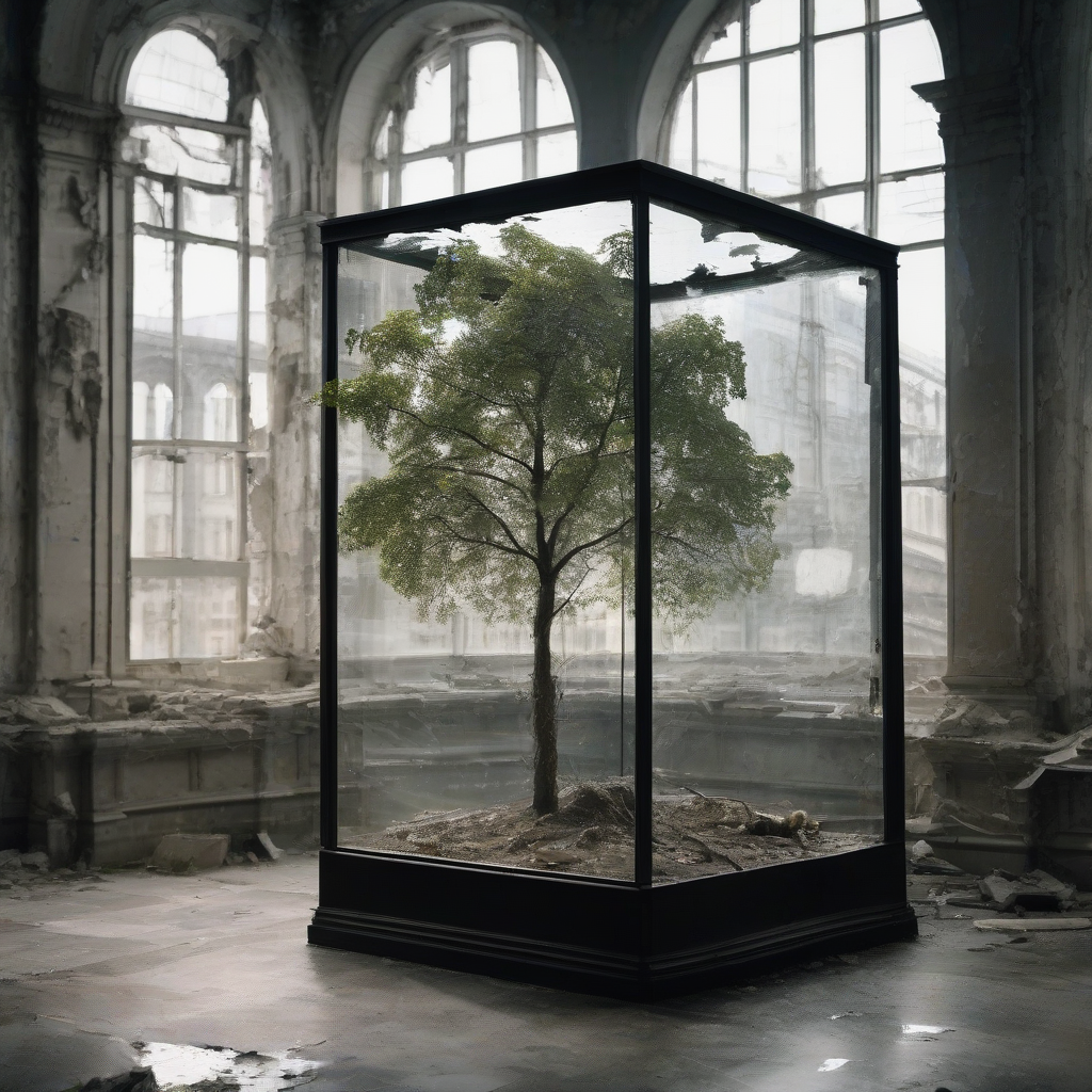 a tree inside glass box destroyed city day by मुफ्त एआई छवि जनरेटर - बिना लॉगिन के✨ | AIGAZOU