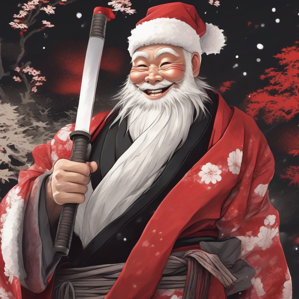 a smiling santa claus with white beard dressed in black hakama and red kimono with katanas at the belt by मुफ्त एआई छवि जनरेटर - बिना लॉगिन के✨ | AIGAZOU