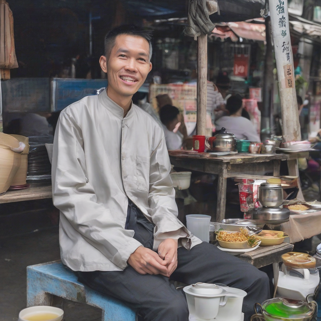 son tung mtp sitting drinking tea street side by मुफ्त एआई छवि जनरेटर - बिना लॉगिन के✨ | AIGAZOU