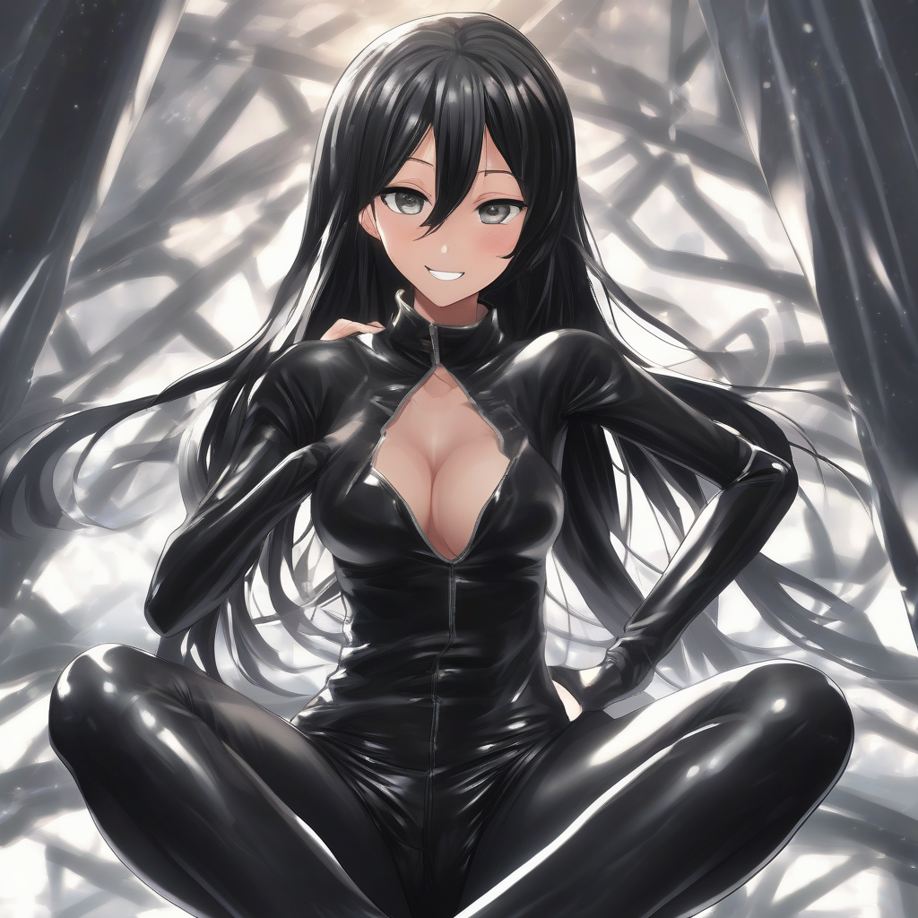 anime style teen girl in tight black outfit smiling with duchess pose by मुफ्त एआई छवि जनरेटर - बिना लॉगिन के✨ | AIGAZOU