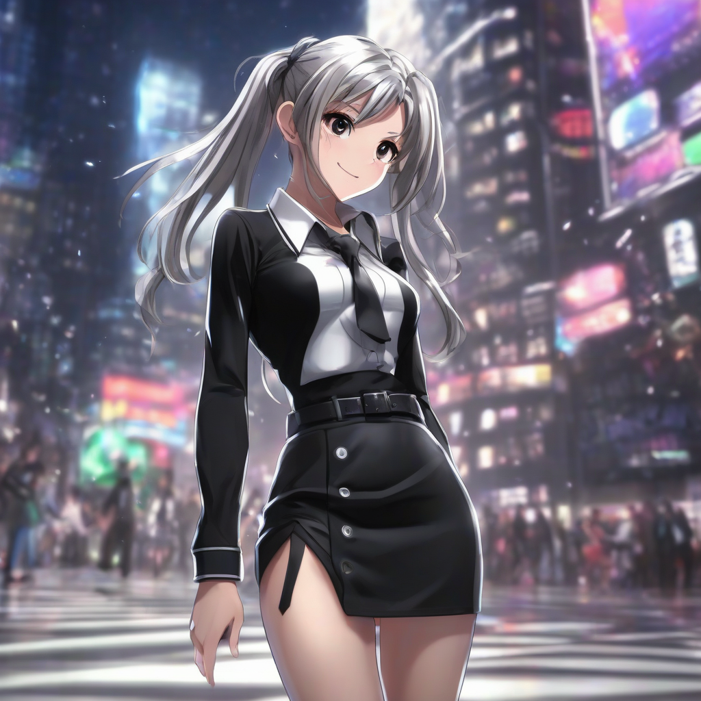 8k 3dcg good button icon black glossy tight open collared shirt ultra miniskirt long haired girl anime style 18 years by मुफ्त एआई छवि जनरेटर - बिना लॉगिन के✨ | AIGAZOU