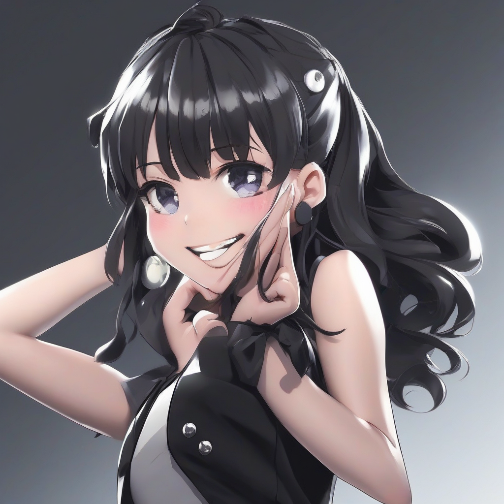 8k 2dcg good button icon black glossy tight outfit anime style girl 18 years old smiling seductive smile background black by मुफ्त एआई छवि जनरेटर - बिना लॉगिन के✨ | AIGAZOU