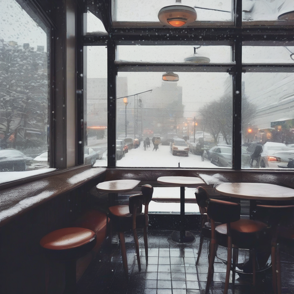 a cafe in the city with a view of snow by मुफ्त एआई छवि जनरेटर - बिना लॉगिन के✨ | AIGAZOU