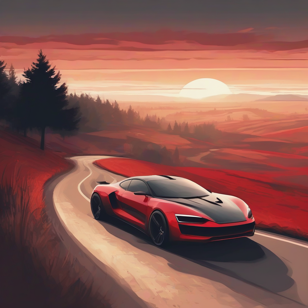 a black and red sports car on a country road with trees and misty landscape by मुफ्त एआई छवि जनरेटर - बिना लॉगिन के✨ | AIGAZOU