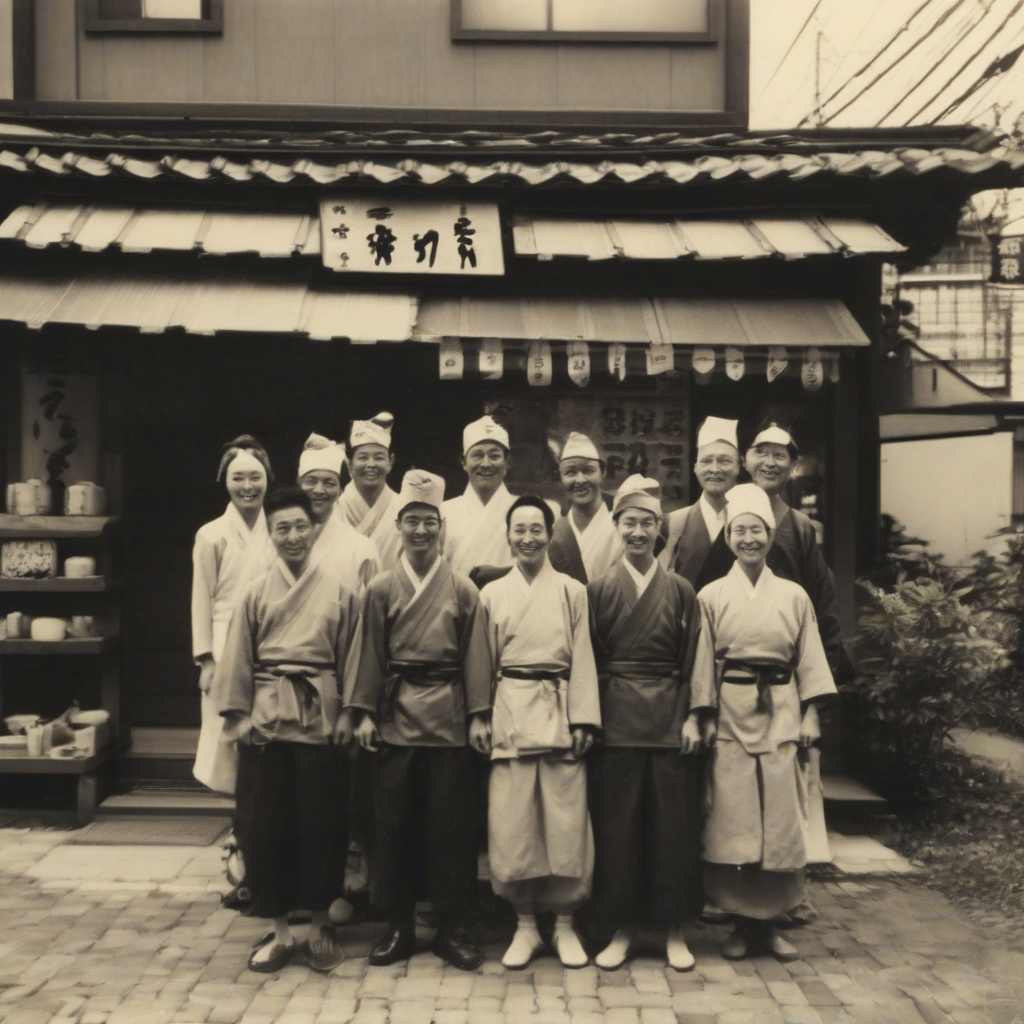 early showa era senbei shop group photo by मुफ्त एआई छवि जनरेटर - बिना लॉगिन के✨ | AIGAZOU