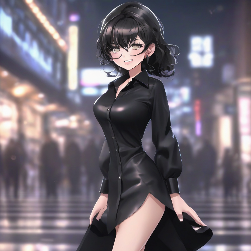 8k 3dcg good button icon black glossy tight open collar shirt girl anime style 18 years old smiling seductive smile by मुफ्त एआई छवि जनरेटर - बिना लॉगिन के✨ | AIGAZOU