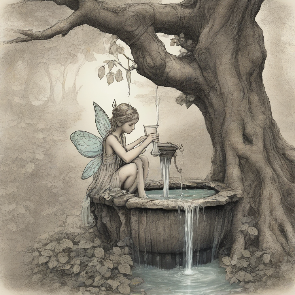 create a fairy drinking from a tree fountain by मुफ्त एआई छवि जनरेटर - बिना लॉगिन के✨ | AIGAZOU